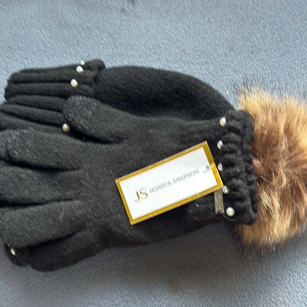 Jessica Simpson Black Gloves with Faux Fur Trim